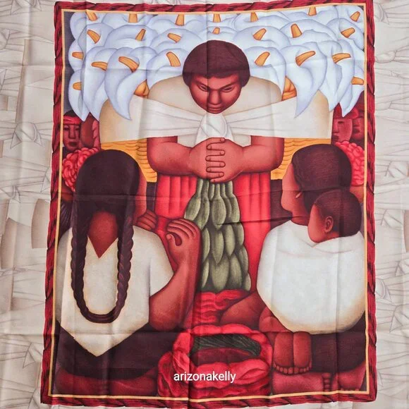 Pineda Covalin Silk Scarf Diego Rivero Mexico Hand Rolled Art - Picture 6 of 10